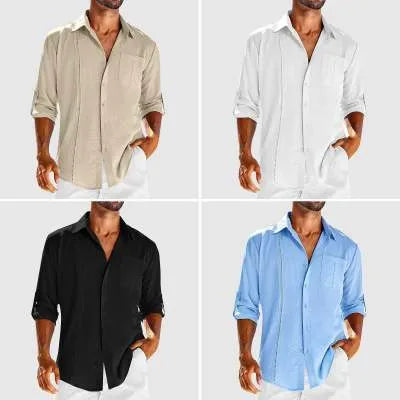 Men's grey long sleeve shirt with polo collar lace detail and button front.