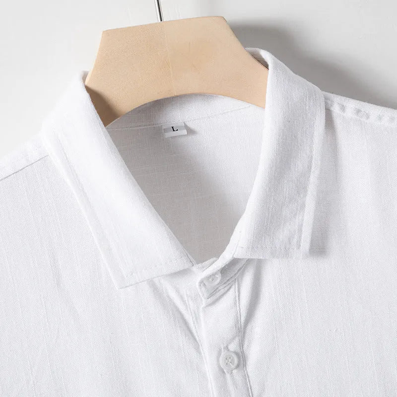 Men's linen t-shirt in hemp blend fabric with loose lapel design and short sleeves