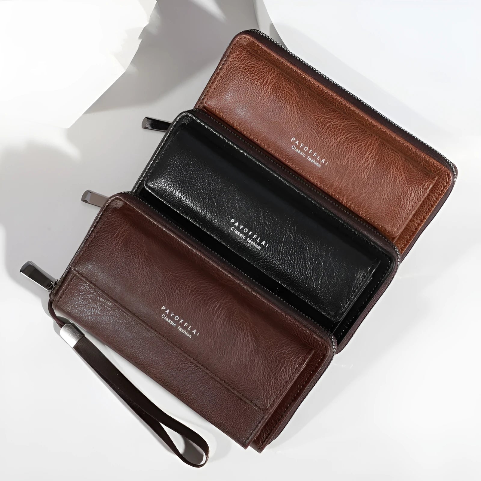 Men's black PU leather long wallet with multiple card slots, shown with dimensions.