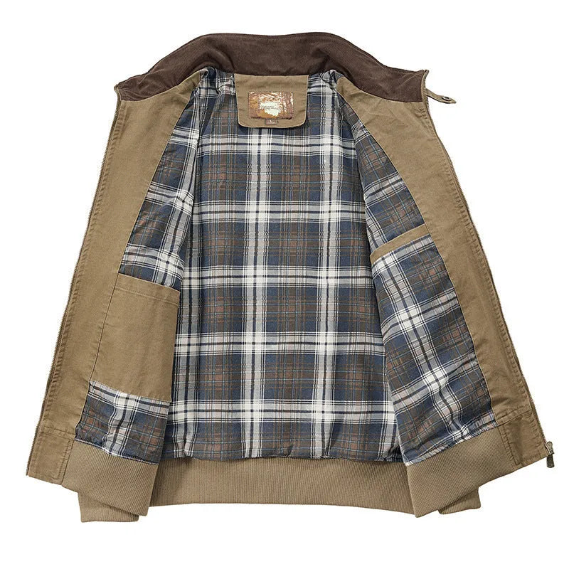 Men's plus-size washed cotton baseball flight jacket in Army Green