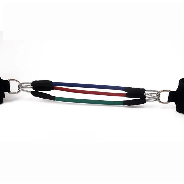 Black explosive force leg training pull rope set for taekwondo on a plain background.