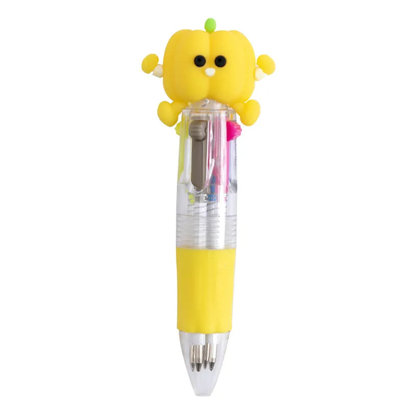Four-colour press ballpoint pen with random cartoon design showing cactus, fast food, fruit, heart wing or seahorse theme