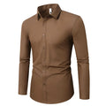 Man wearing a linen long sleeve slim fit shirt in a choice of 18 colours, showing the relaxed fit and sleeve detail.