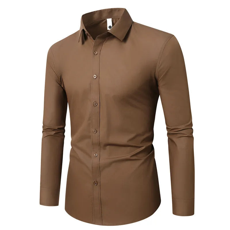 Man wearing a linen long sleeve slim fit shirt in a choice of 18 colours, showing the relaxed fit and sleeve detail.