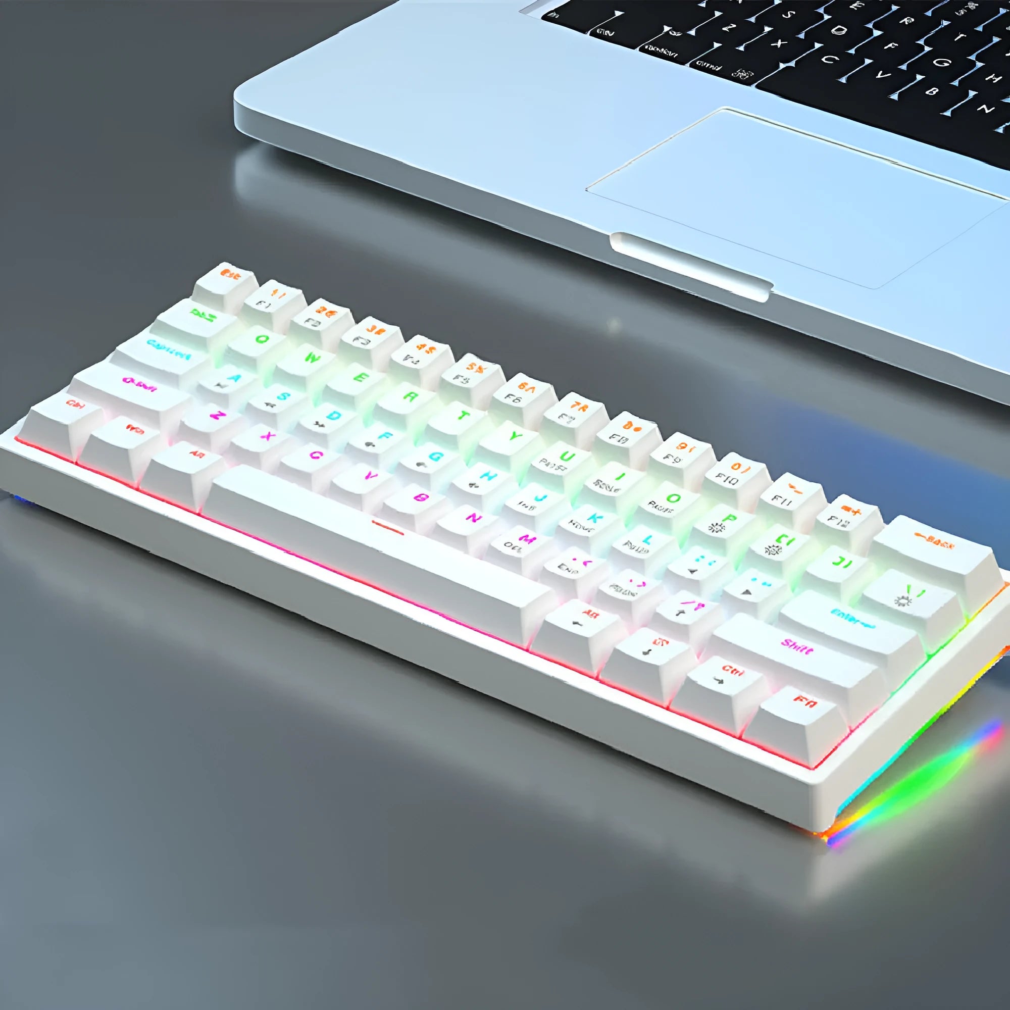 Small bluish-black 61-key mechanical keyboard with wired USB cable showing multiple switch colour options