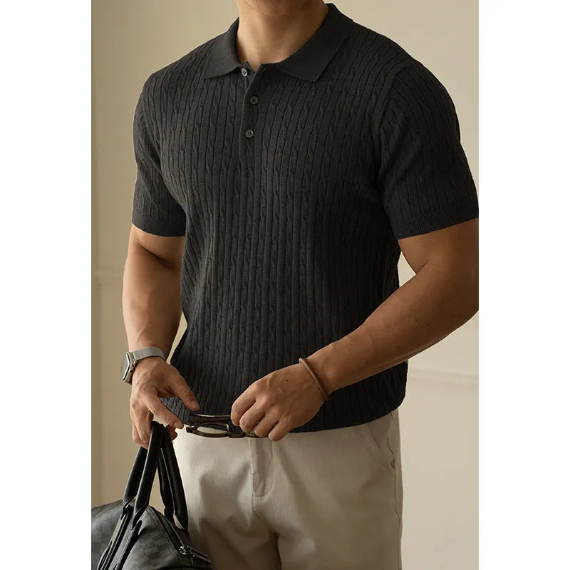 Men's khaki short sleeve business top on a hanger, showing the fabric texture and fit.