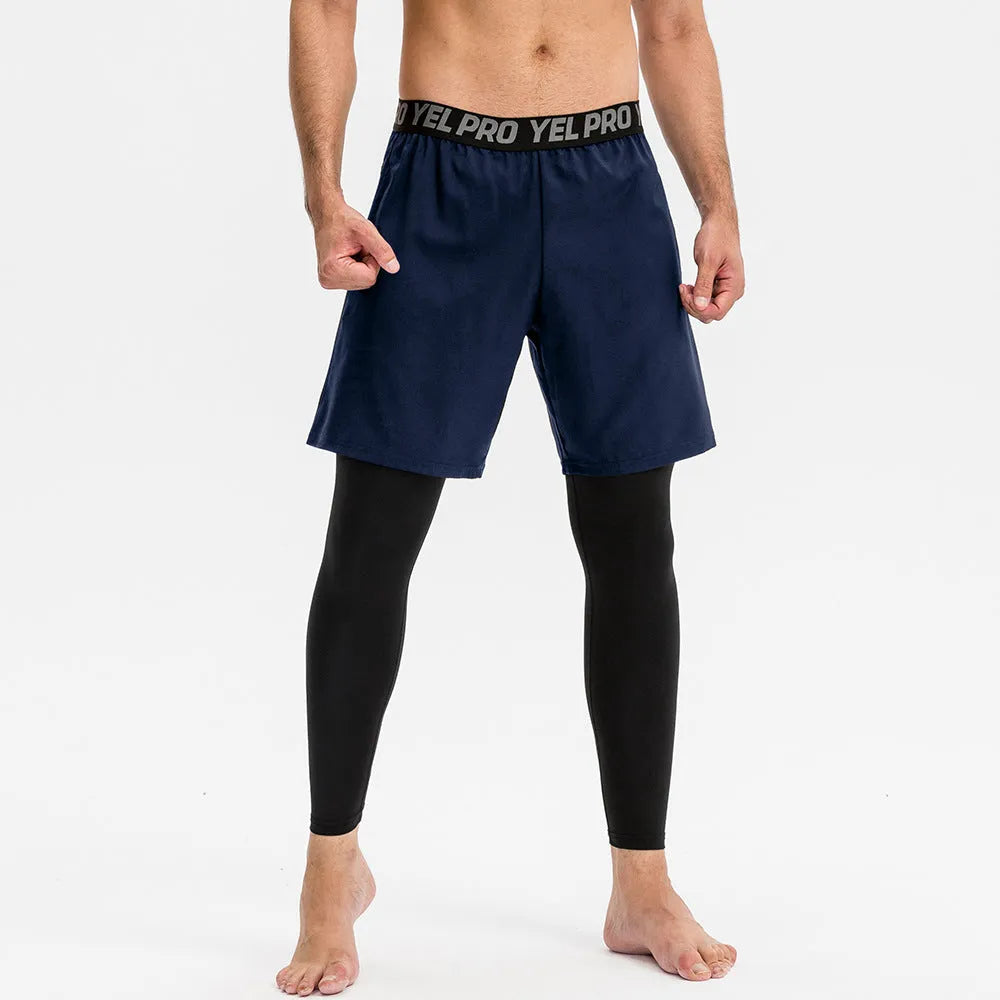 Men's tight fitness pants in grey polyester spandex fabric, shown in a running pose.