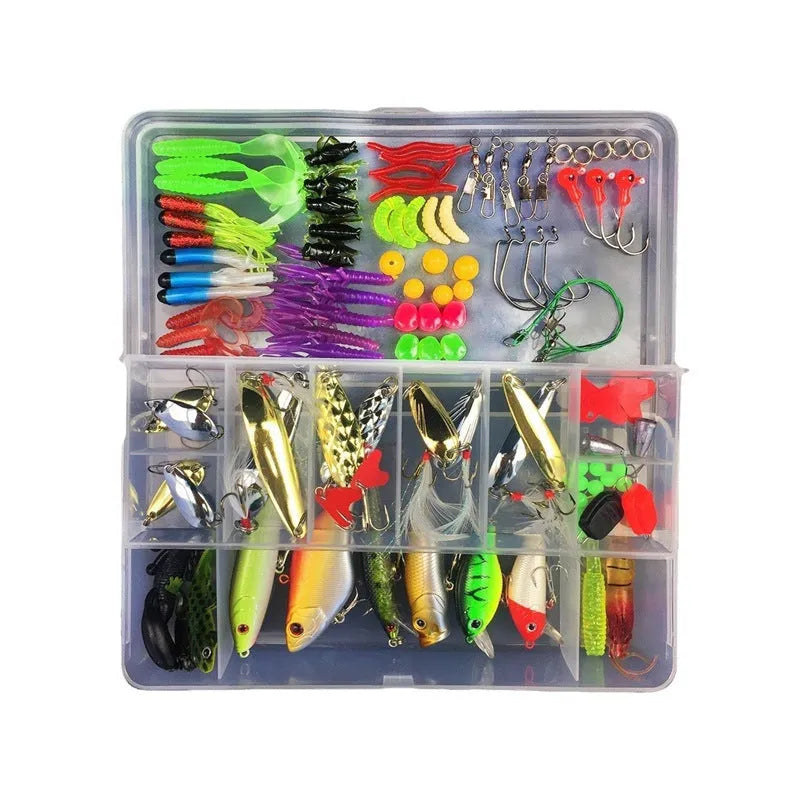 Junior entry-level fishing bait lure suit set in a PP storage box, showing multiple lure types.
