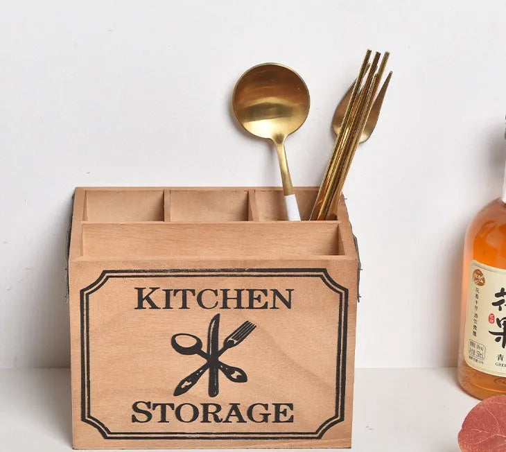Wooden kitchen storage box with grid dividers for knives forks chopsticks