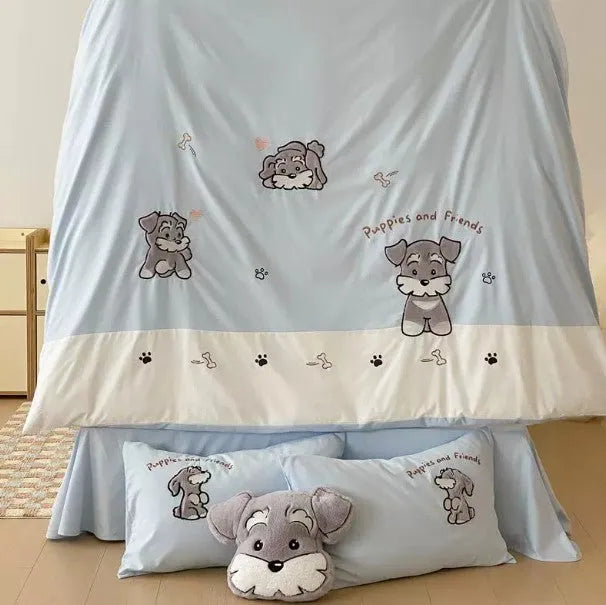 Cartoon Schnauzer dog pattern printed on a cotton bedding set showing quilt cover, sheet, and pillowcases