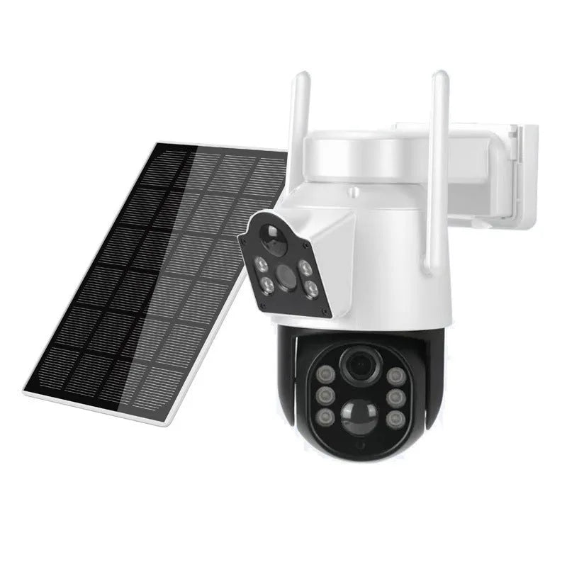 Outdoor solar wifi security camera with solar panel in garden setting