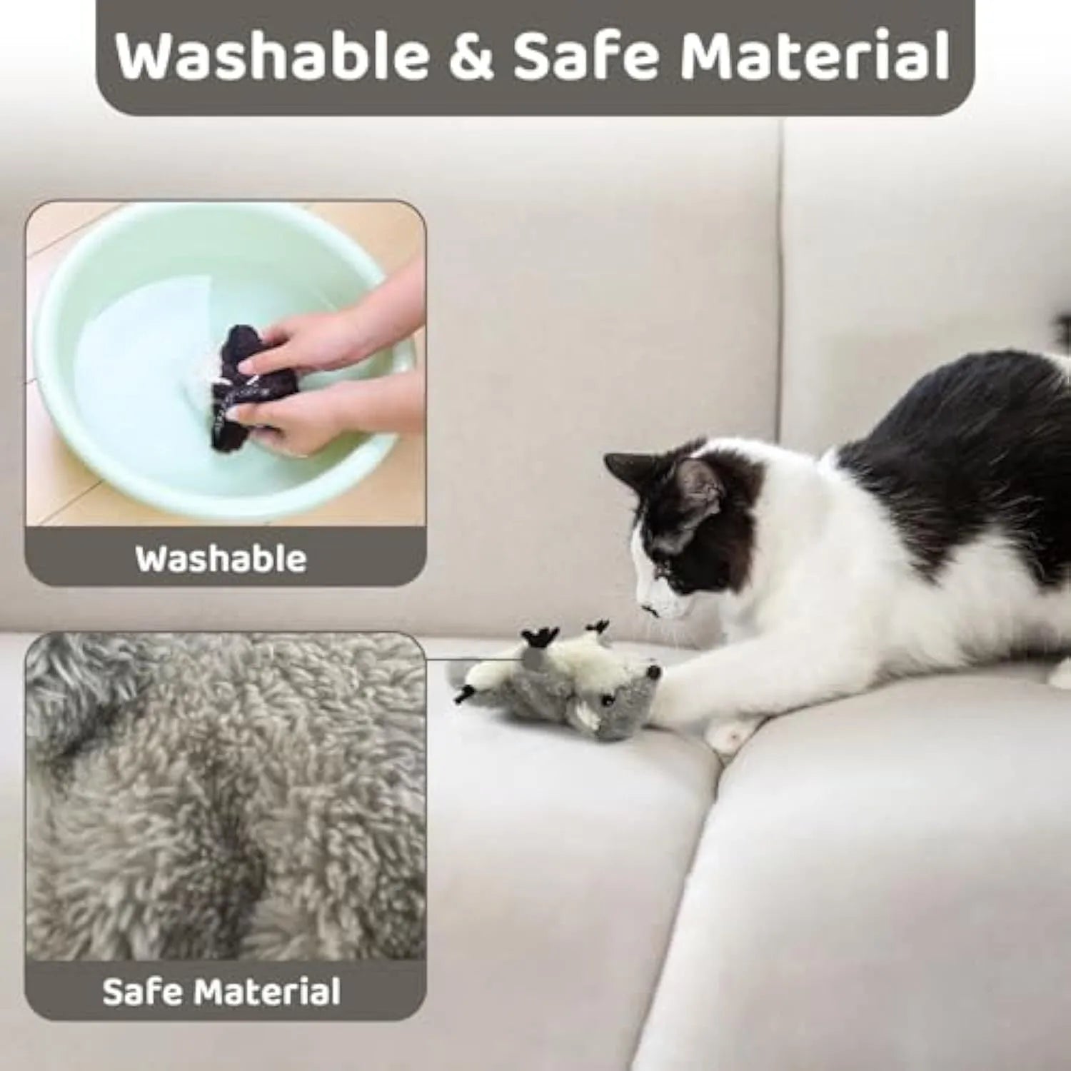Grey plush flapping squirrel cat toy with open wings and touch-activated motion sensor for interactive kitten play