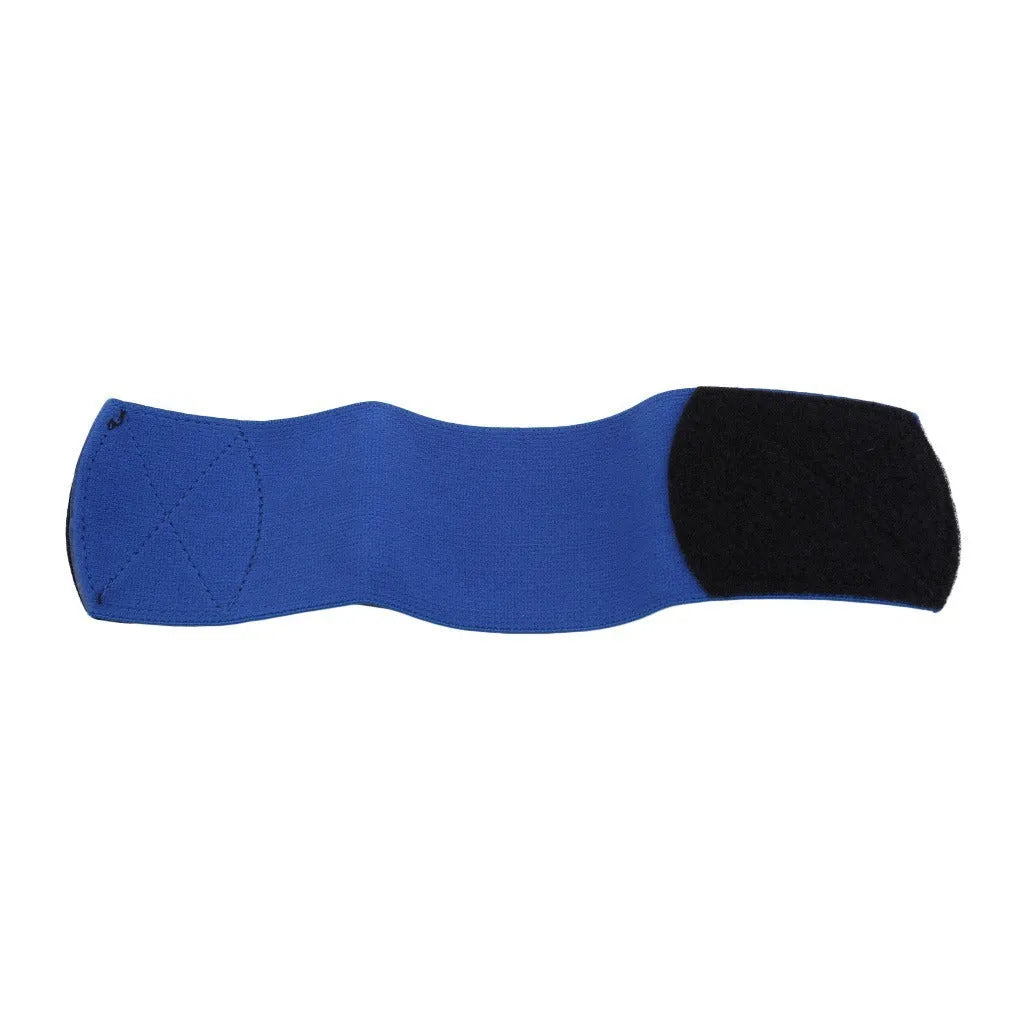 Rubber football shin guard fixation strap shown in multiple colours with approximate 25x6.5cm dimensions