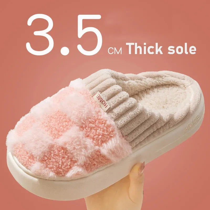 Women's plaid plush indoor slippers with anti-slip sole in multiple colour options