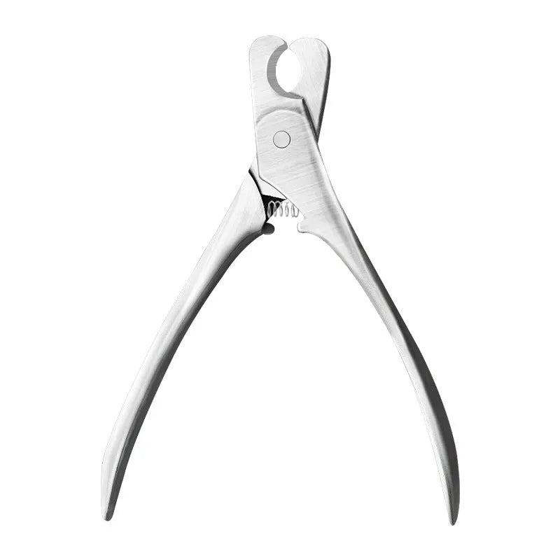 Silver pet nail clipper with stainless steel blades and safety guard for trimming dog and cat claws