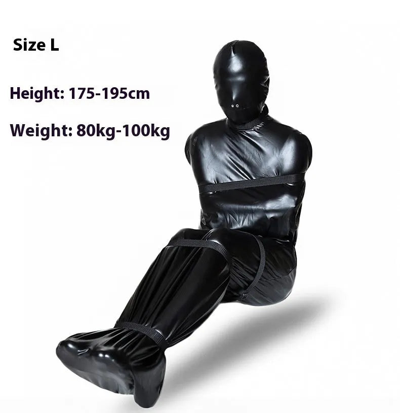 Black patent leather bondage kit showing body wrap garment and six ratchet tie-down straps