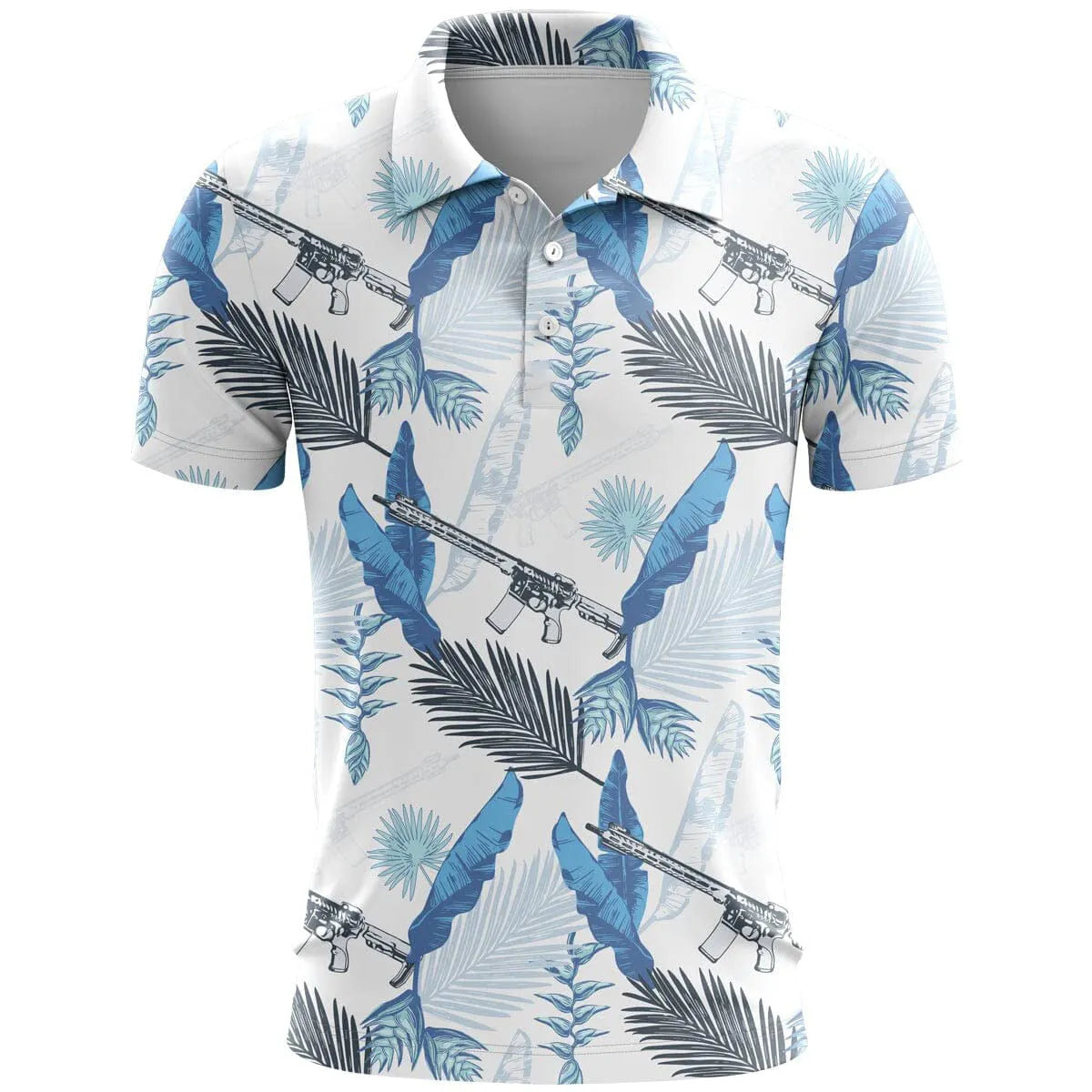 3D printed pattern sports short sleeve loose fit top in bird eye polyester fabric on a hanger.