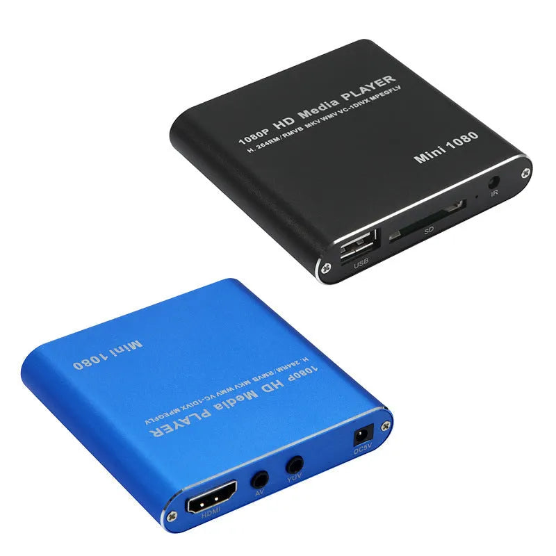 1080p Full HD media player with compact metal housing in black or blue colour