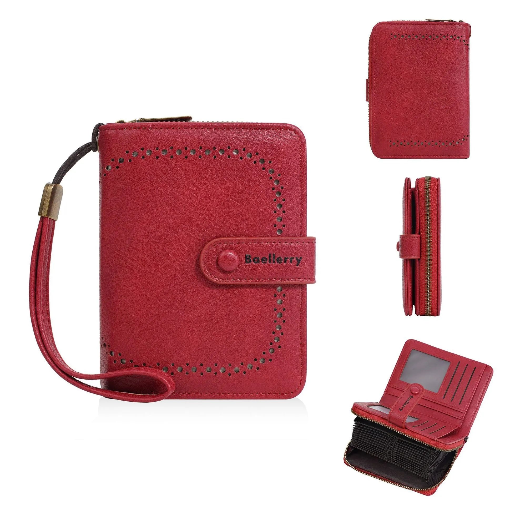 Women's black PU leather zip coin purse with card slots, shown alongside red, brown, and light grey colour options.