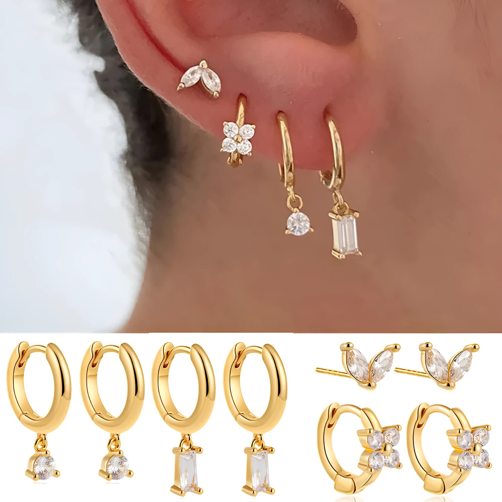 Copper electroplated geometric earring set with star designs in gold or silver tone options