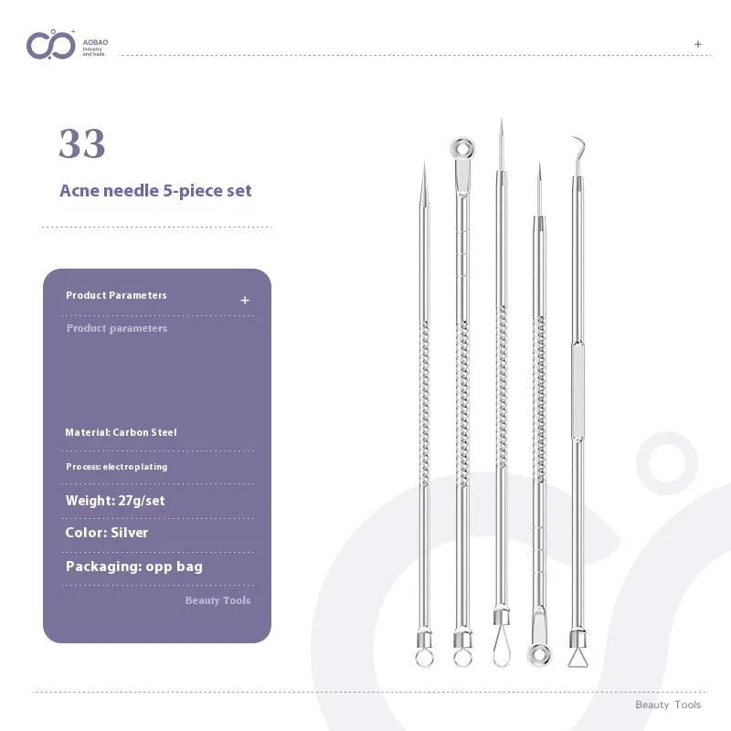 Four silver metal acne needles with pointed tips for skincare extraction.