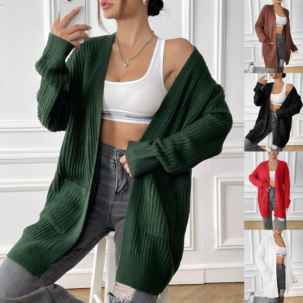 Women's dark green acrylic cardigan with double pockets and mid-length 65cm loose fit