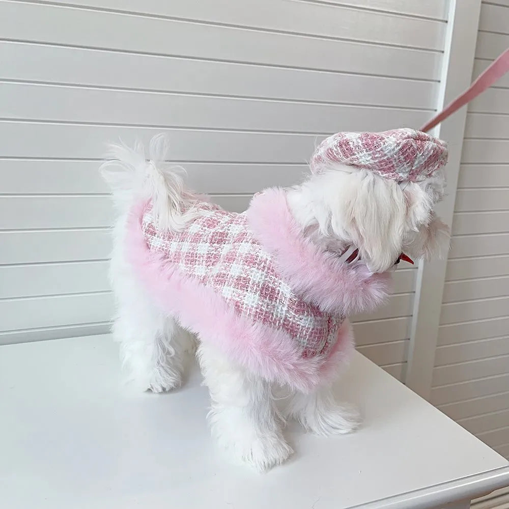 Pink polyester cat traction clothing set with cape, beret, and hand-holding rope in five sizes