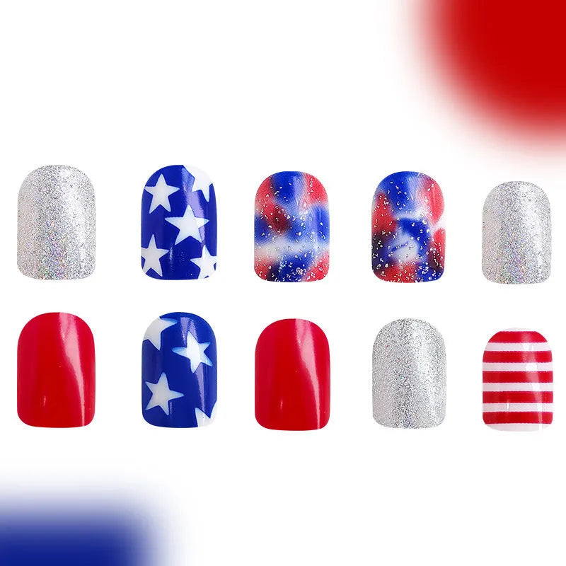 American Independence Day press-on false nails with red, white and blue star design in short square shape