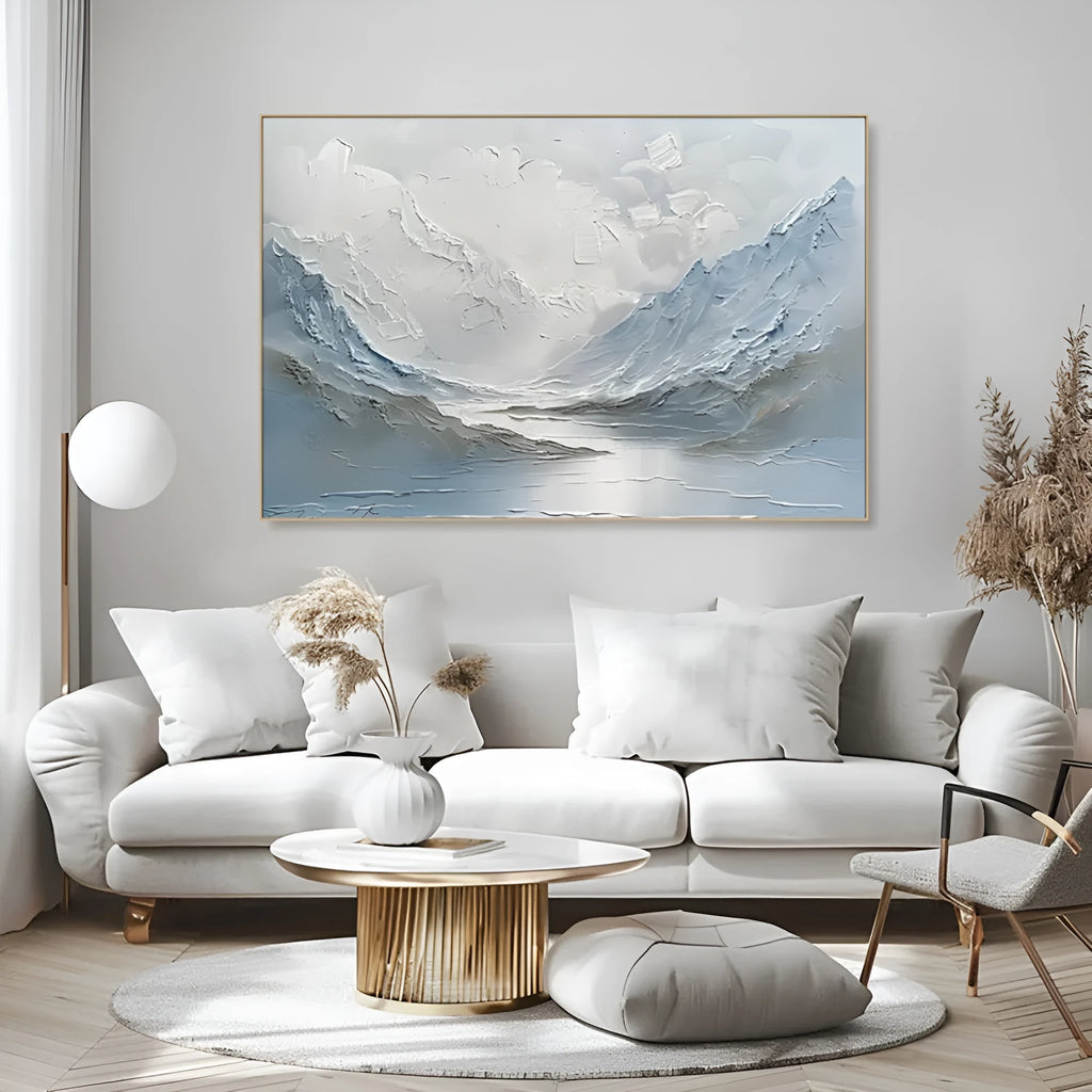 Handpainted light blue and white mountain lake scenery thick canvas oil painting vertical modern unframed wall art