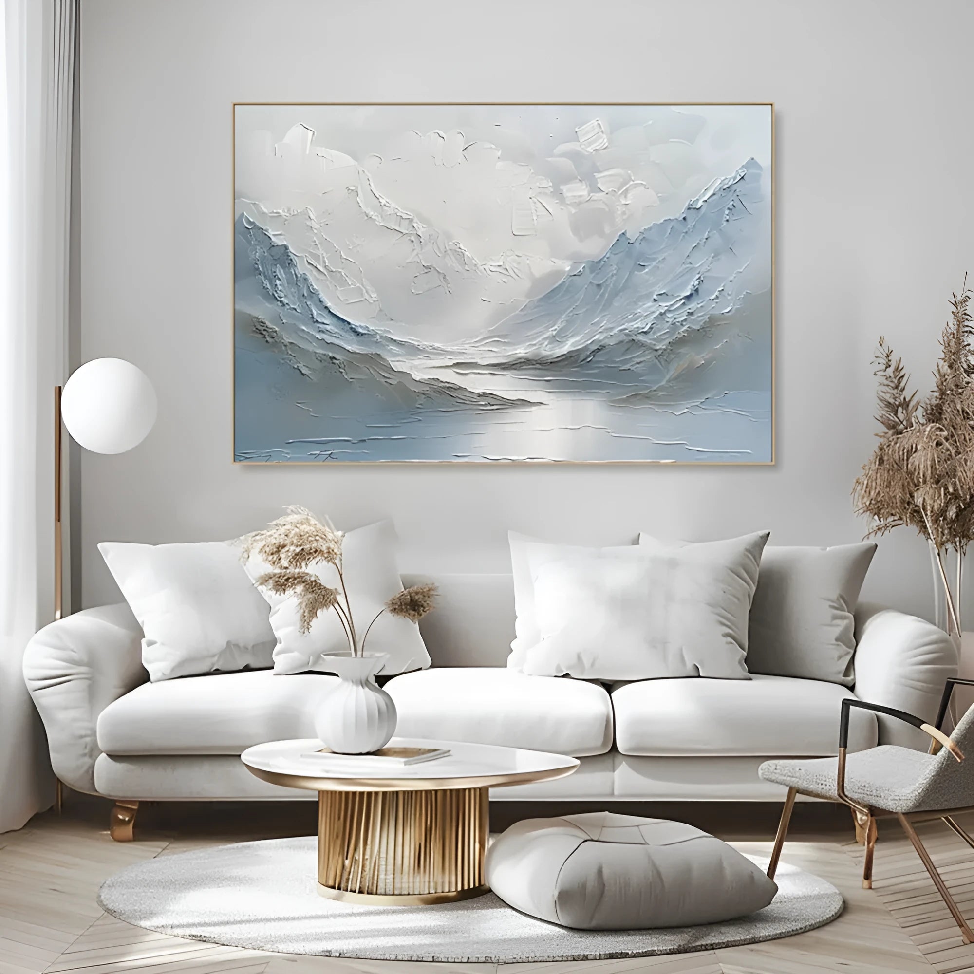 Handpainted light blue and white mountain lake scenery thick canvas oil painting vertical modern unframed wall art