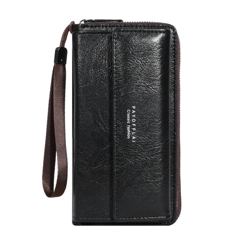 Men's black PU leather long wallet with multiple card slots, shown with dimensions.