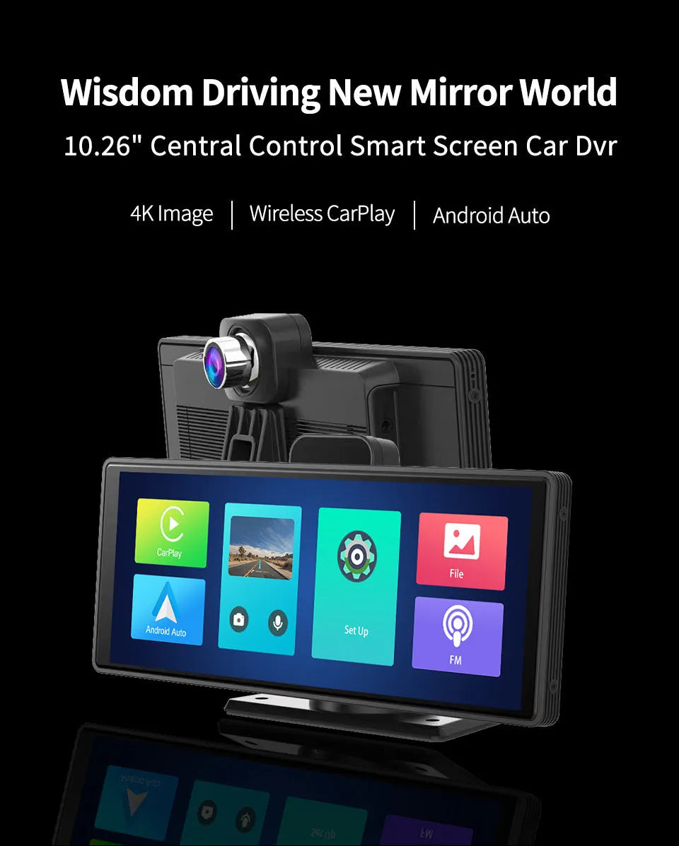 12-inch touch screen car dash cam with front and rear recording cameras displayed on split screen
