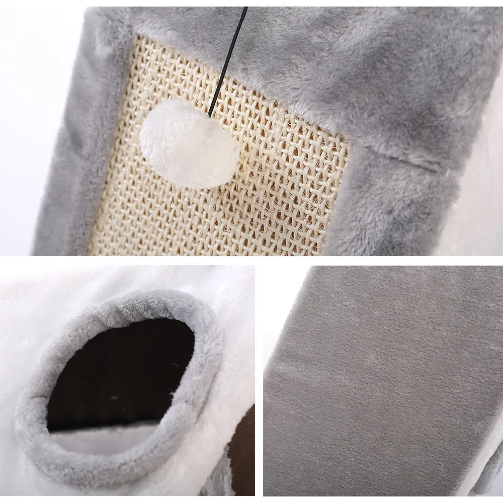 A grey and white triangular cat toy with a sisal scratching side and a soft plush bed.