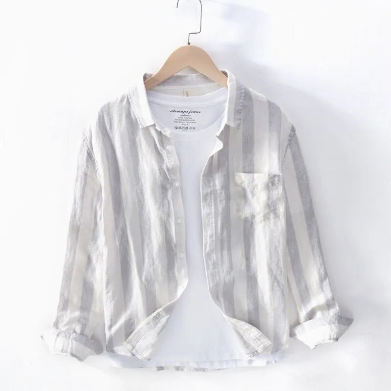 Hong Kong style men's thin long sleeve shirt in loose fit blue and light grey polyester with fleece lining