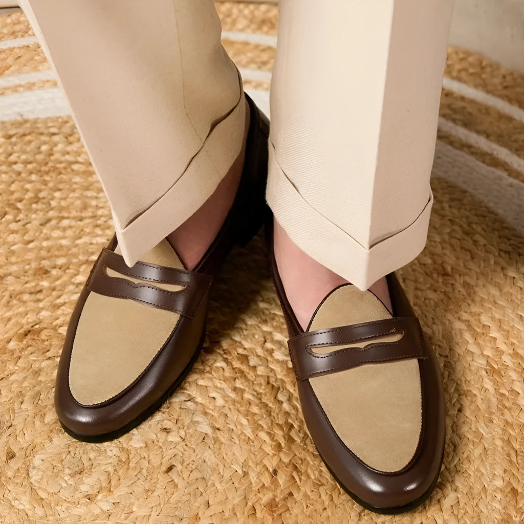 Coffee grey suede leather British-style loafers with one foot kick closure