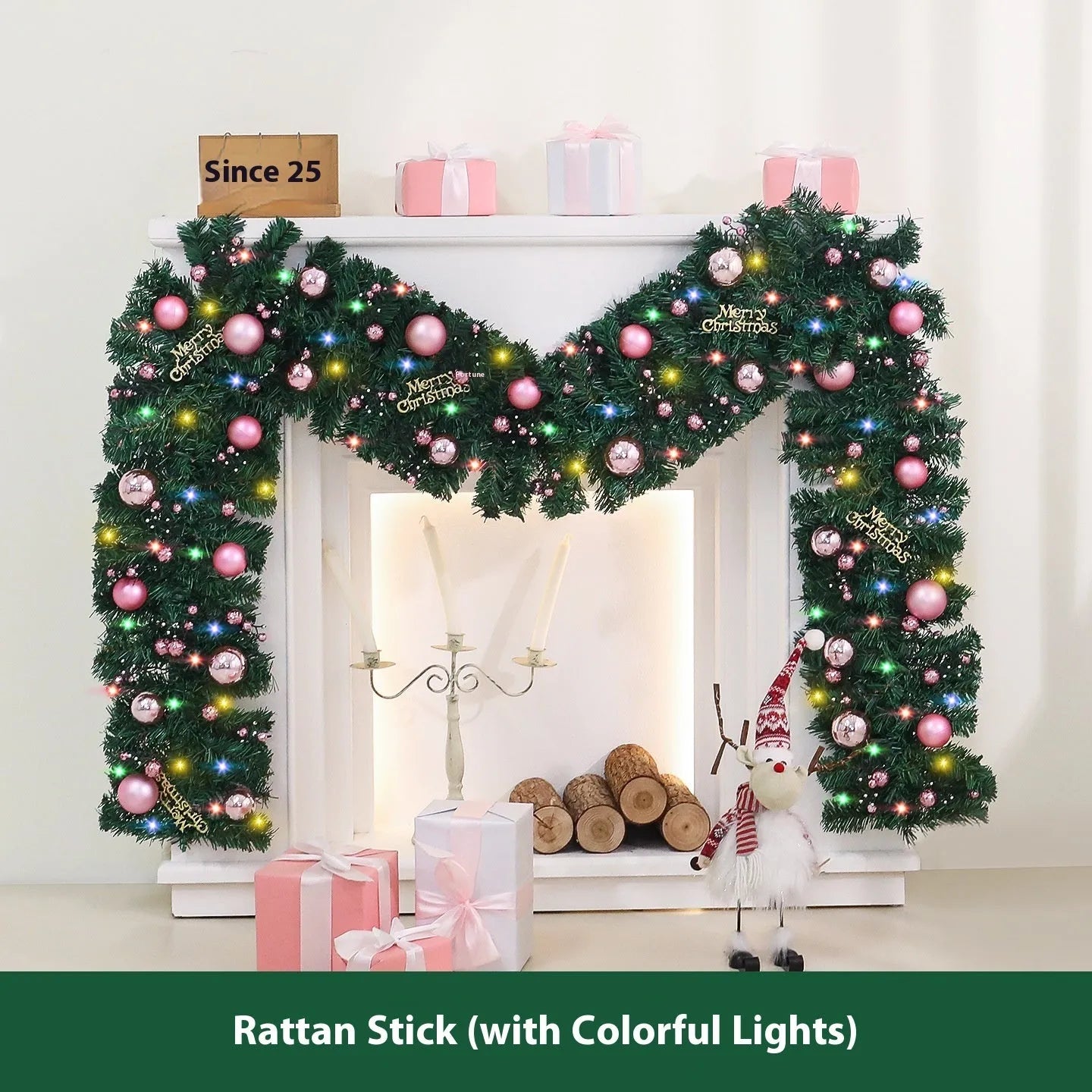 2.7-metre pink small fruit Christmas rattan garland with optional LED lighting for indoor decoration