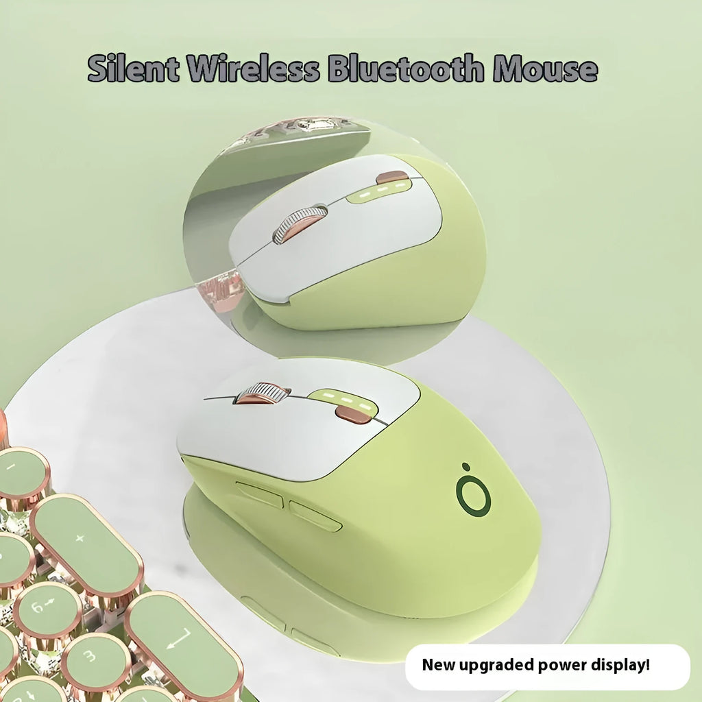 Mute dual-mode wireless Bluetooth computer mouse in Matcha Green colour on a desk.
