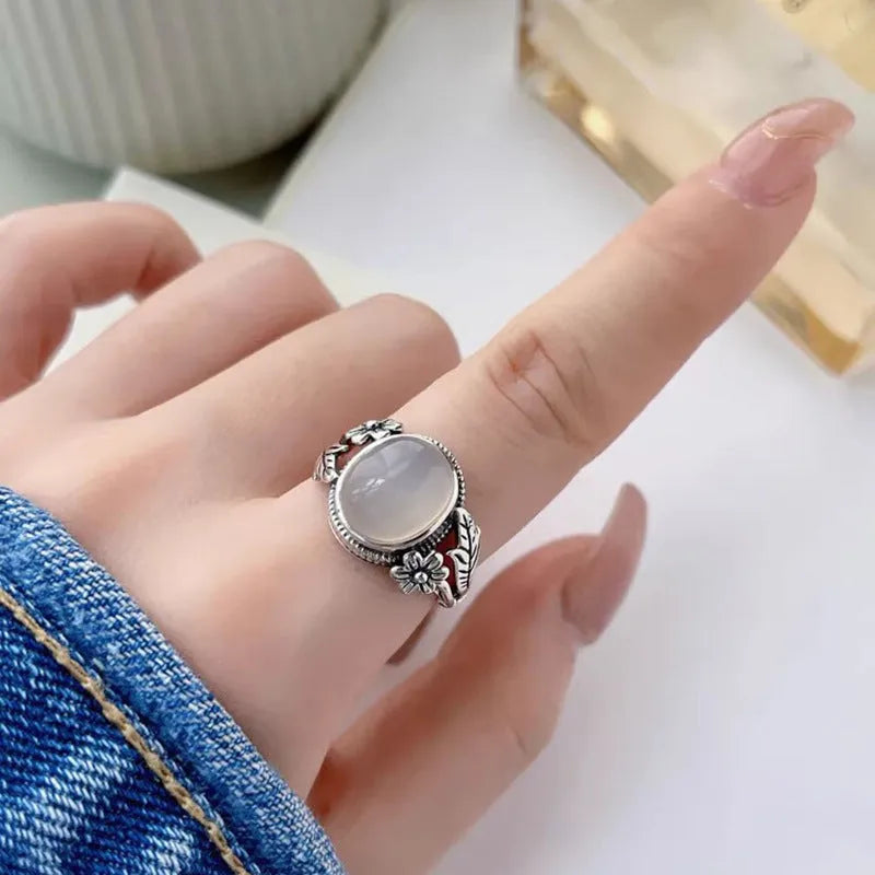 Copper adjustable open mouth vintage ring with white chalcedony imitation stone and U-shaped design