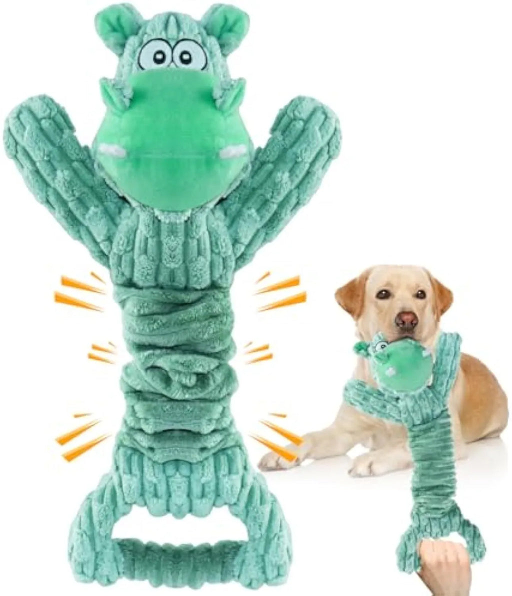 Large plush hippo or monkey dog toy with a handle base for tug-of-war games.