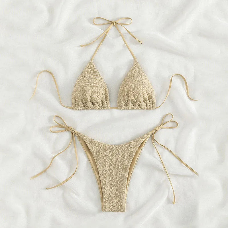 Women's khaki high waist bikini with lace-up side detail on the shorts and a sleeveless top.
