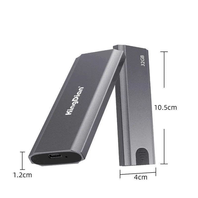 Grey mobile SSD external hard drive with USB 3.0 interface measuring 119mm x 38mm x 13mm