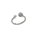Open-end pearl ring with round zircon stone in gold or silver finish on geometric copper band