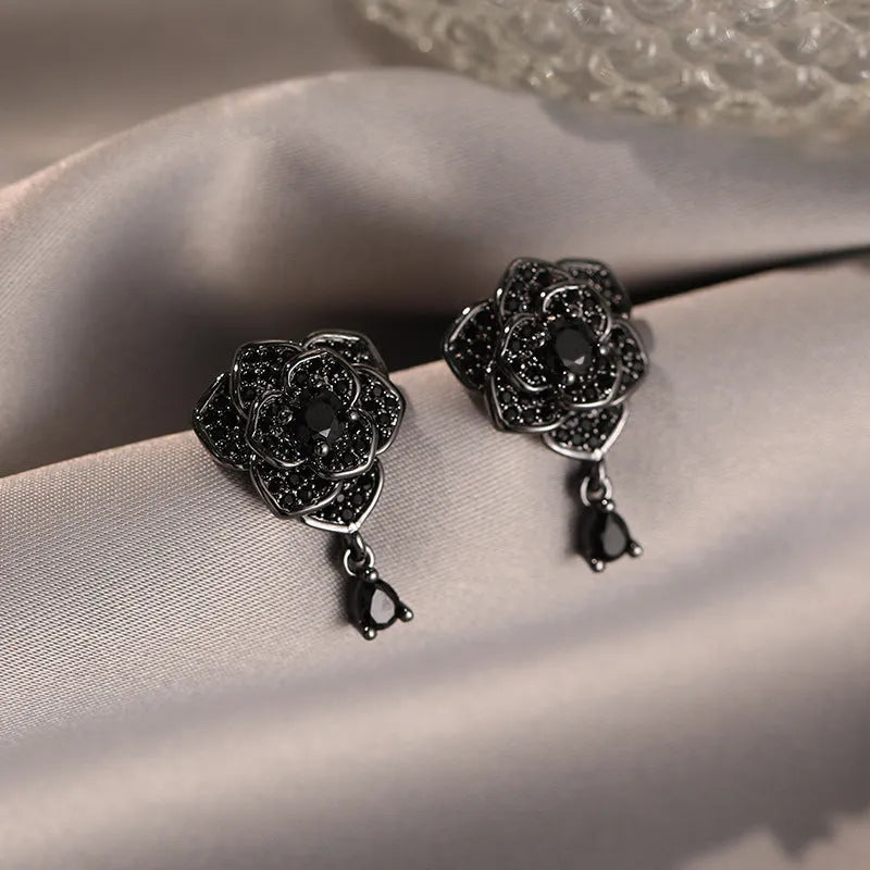 Black rose zircon floral stud earrings with 18K gold electroplating
