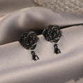 Black rose zircon floral stud earrings with 18K gold electroplating