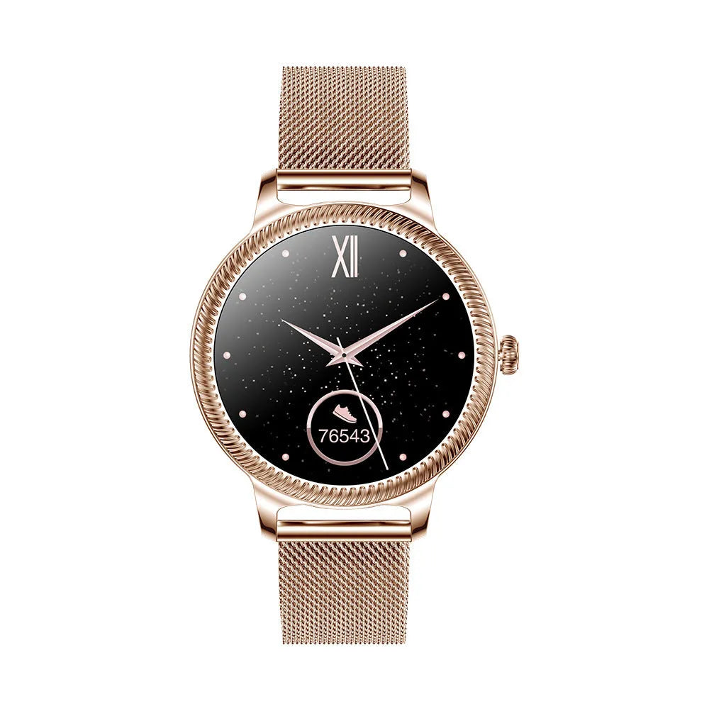 AK38 ladies smart watch with stainless steel Milanese band and 1.09-inch colour screen displayed on a wrist.