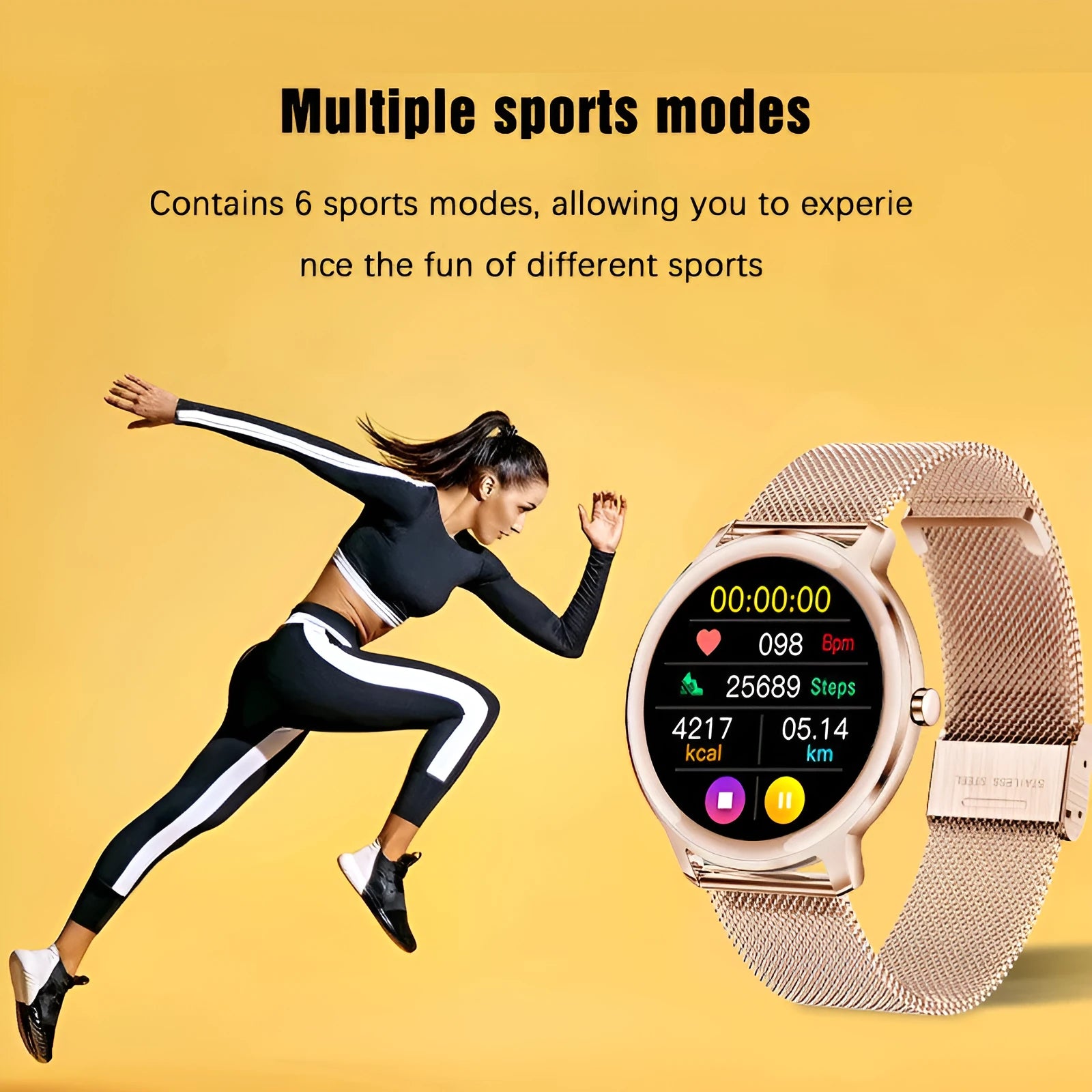 Women's waterproof smart watch with stainless steel mesh bracelet and 1.3 inch touch screen