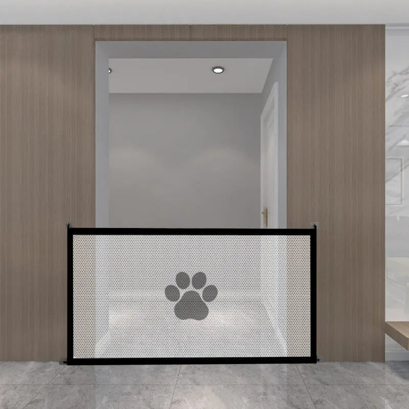Folding dog barrier fence showing black dog footprint design on white background