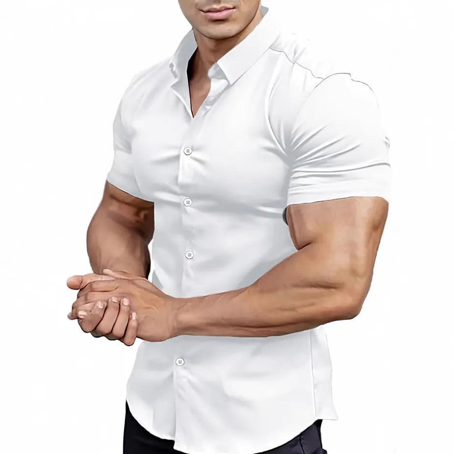 Men's brown short sleeve casual cardigan shirt with a collar.