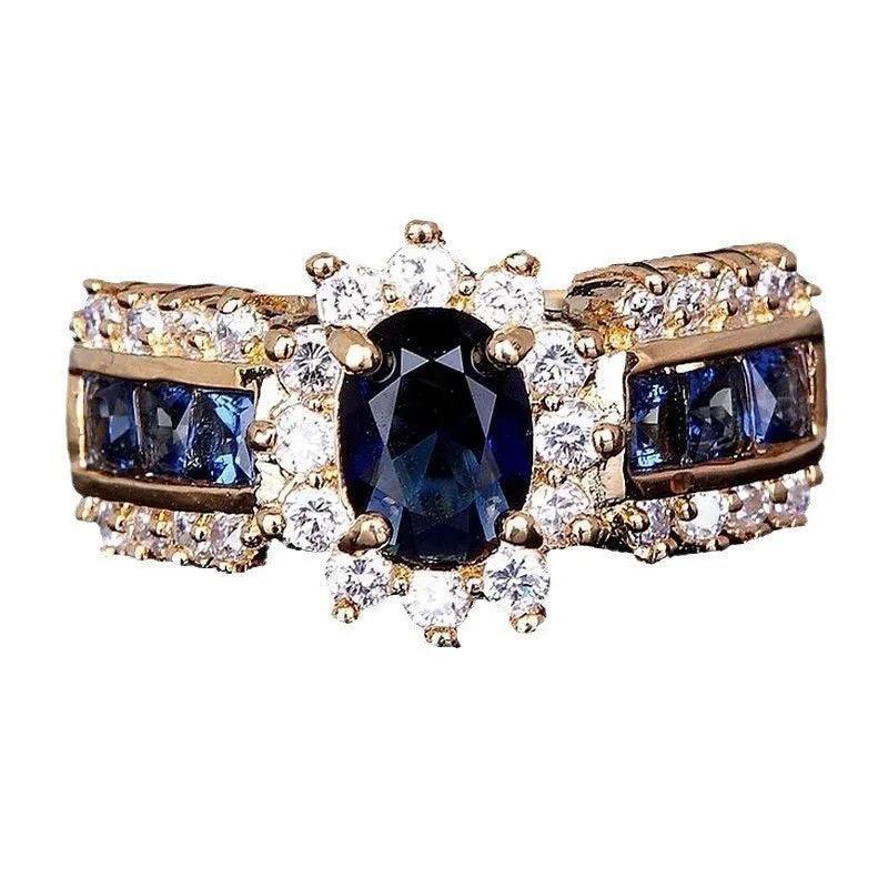 Three fashion ring designs: sunflower blue diamond, square blue zircon, and square purple zircon rings in zinc alloy