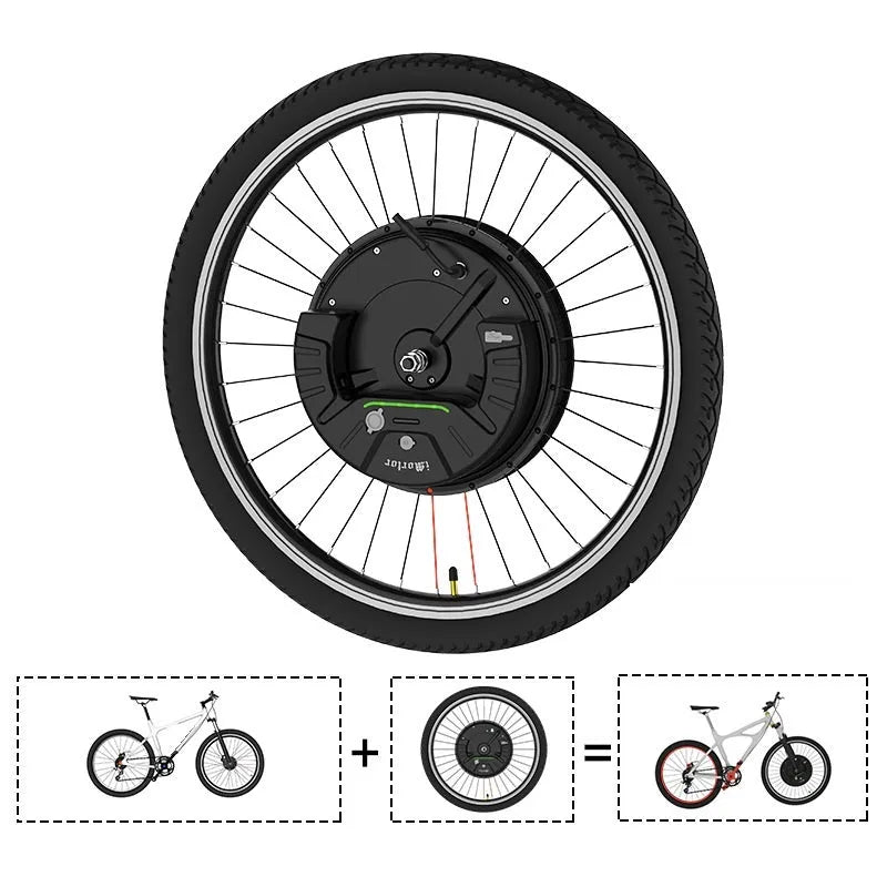 26-inch bicycle electric conversion kit showing alloy hub motor, lithium battery pack, and charger with plug options.